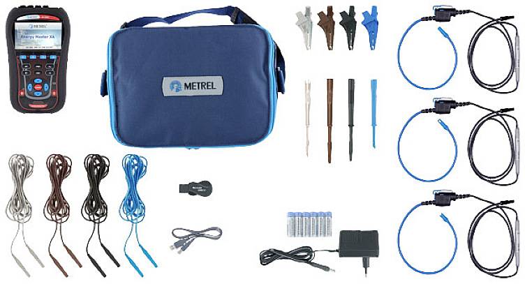 An electrical measuring instrument set with various cables, clamps, batteries, and accessories. A blue carry case with the 'Metrel' label is at the centre.
