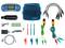 A set of electrical measuring instruments with a digital multimeter, cables, clips and accessories, including a blue carry case.
