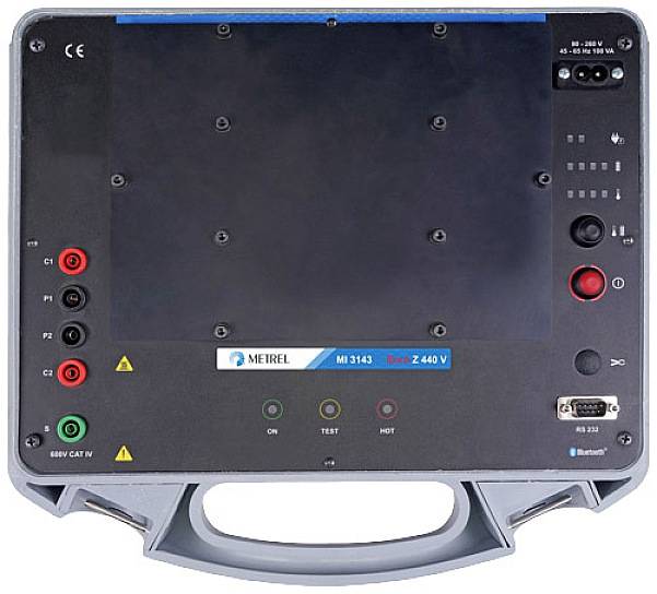 An electrical testing device with multiple connectors and a large display. Marked with 'Metrel MI 3143'.