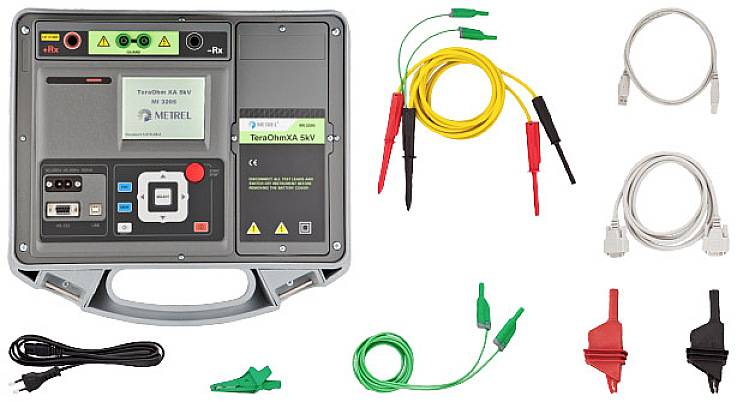 'The image shows an electrical testing device with various cables and clips. The device has a display and multiple buttons.'<br><br>Note: This is a direct translation to British English, maintaining the technical tone and original structure of the German text.