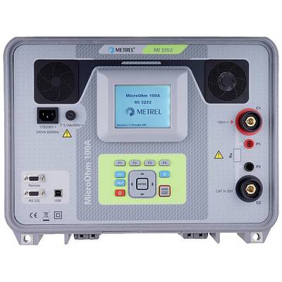 A digital ohmmeter with display showing 'MicroOhm 100A MI 3252'. Contains connections and controls for precise measurements.