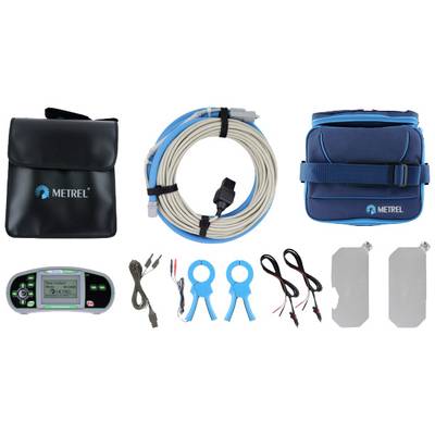 A set of electrical measuring tools, comprising a digital multimeter, cables, clips and carry cases, arranged on a white background.