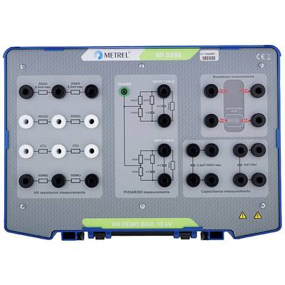 Measuring instrument with multiple connections and measurement ranges for high-voltage, capacitance, and insulation resistance measurements.