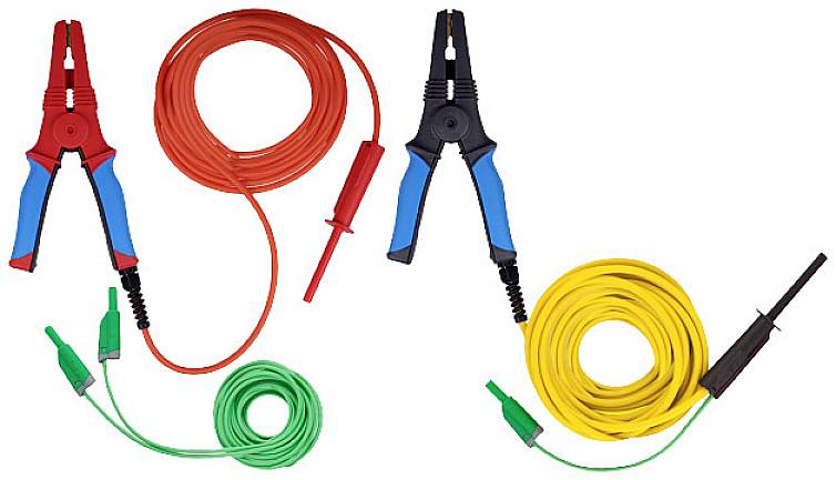 Jump lead set with red and black clamps at one end and green and yellow leads with test probes at the other end.