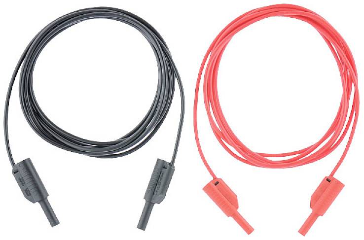 Two test leads, one black, the other red, with insulated connectors. Used for electrical measurements and diagnostics.