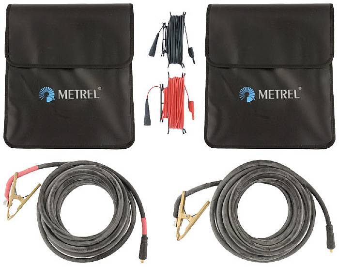 Two black Metrel bags with cables in red and black; crocodile clips at the ends. Suitable for electrical measurements.