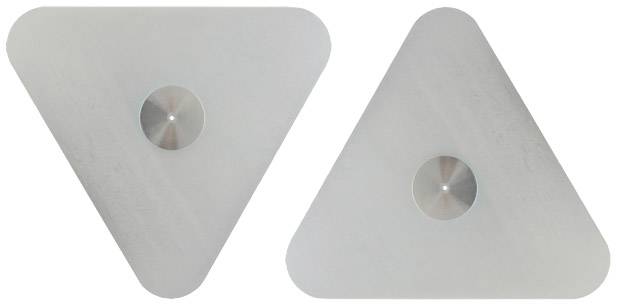 Two silver, triangular objects with a central round metal circle, arranged symmetrically on a white background.