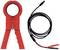 Red current clamp and black measuring cable with red and black plugs, used for measuring electrical current flow.