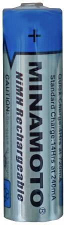 'MINAMOTO' NiMH rechargeable battery, blue-silver with blue plus symbol, suitable for standard chargers, 240mAh.