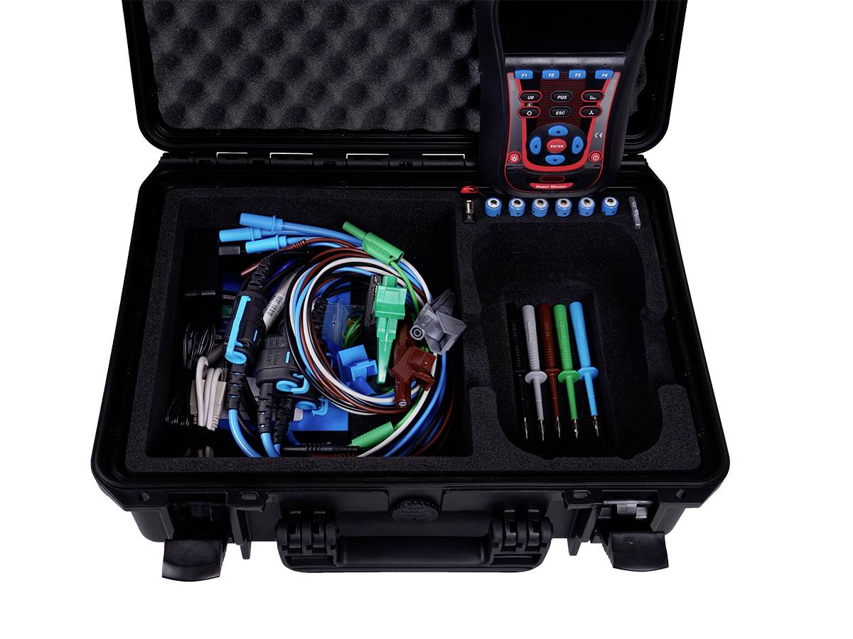 Open black briefcase with electronic measuring device and cables in various colours. Also contains probes and accessories.