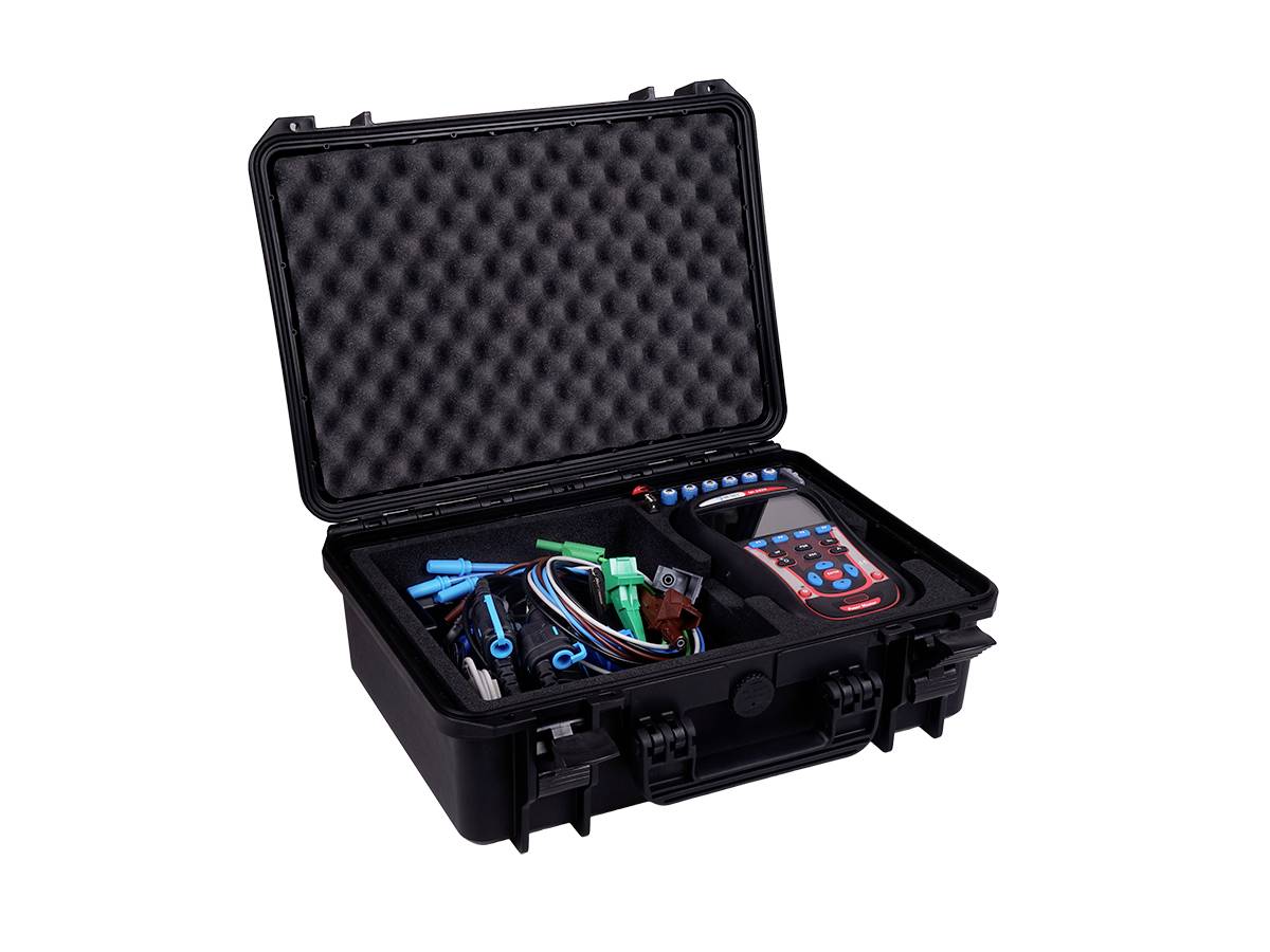 An open black toolbox with various tools, including a digital measuring device, cables, and clamps.