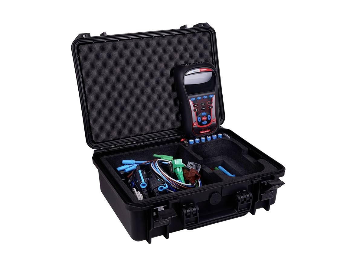 Open toolbox with a diagnostic device and multiple cables and accessories, ready for vehicle inspection.