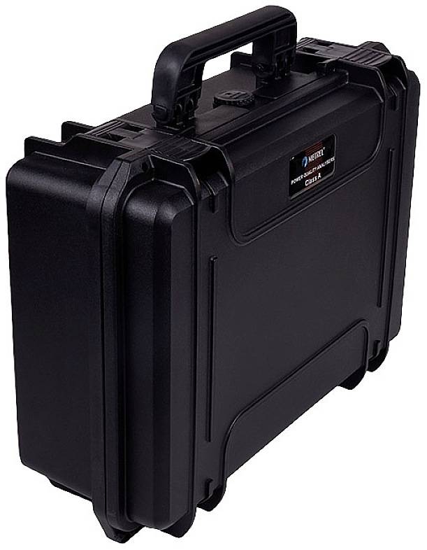 Black, robust plastic case with carrying handle, suitable for secure transportation.