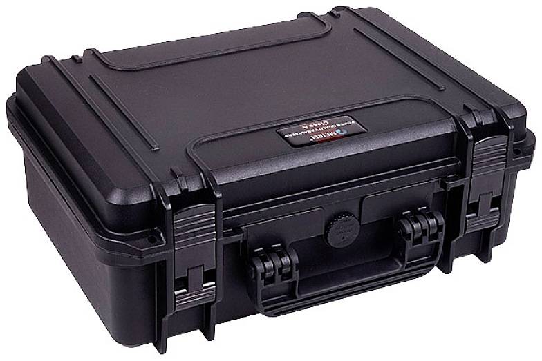 A black, robust transport case with carry handle and secure latches, suitable for the safe transportation of delicate items.