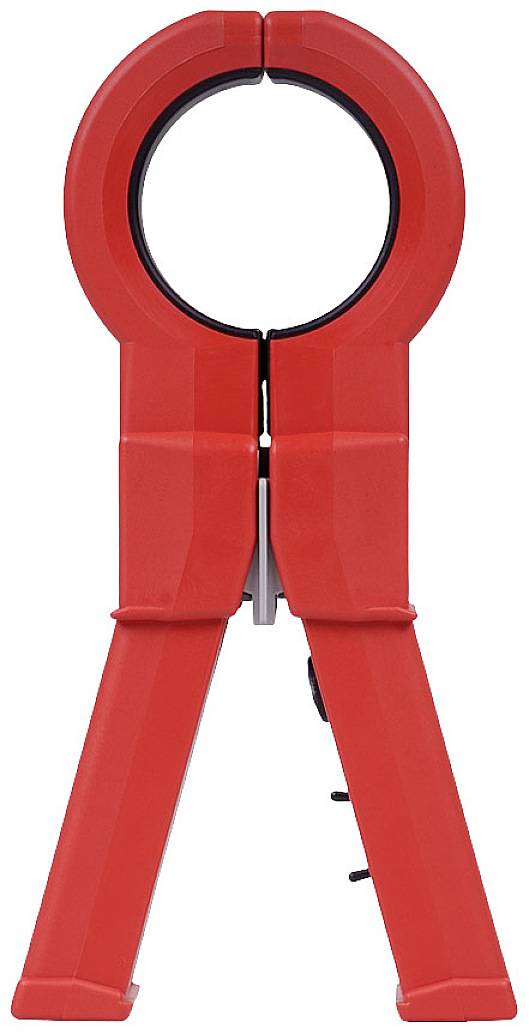 Red grip clamp in a vertical position against a white background, shown with an open mouth ready to grasp objects.