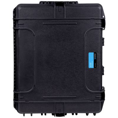 Black, robust hard-shell suitcase with a blue label on the side. Designed for secure transportation and protection of delicate equipment.