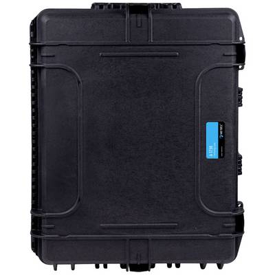 Black, robust transport case with a blue label on the front, suitable for securely storing delicate items.