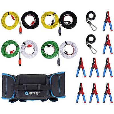 Various coloured cables with crocodile clips and a black bag with the 'METREL' logo. Accessories for electrical measurements.