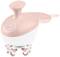 A pink massage device with an ergonomic handle and rotating rollers underneath for body massage and relaxation.