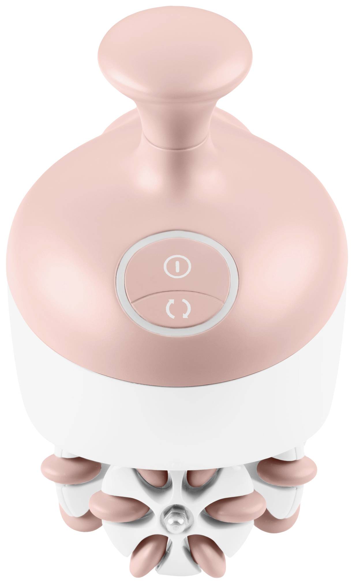 Hand massage device viewed from above, in pink and white, with two control buttons. Designed to alleviate muscle tension.