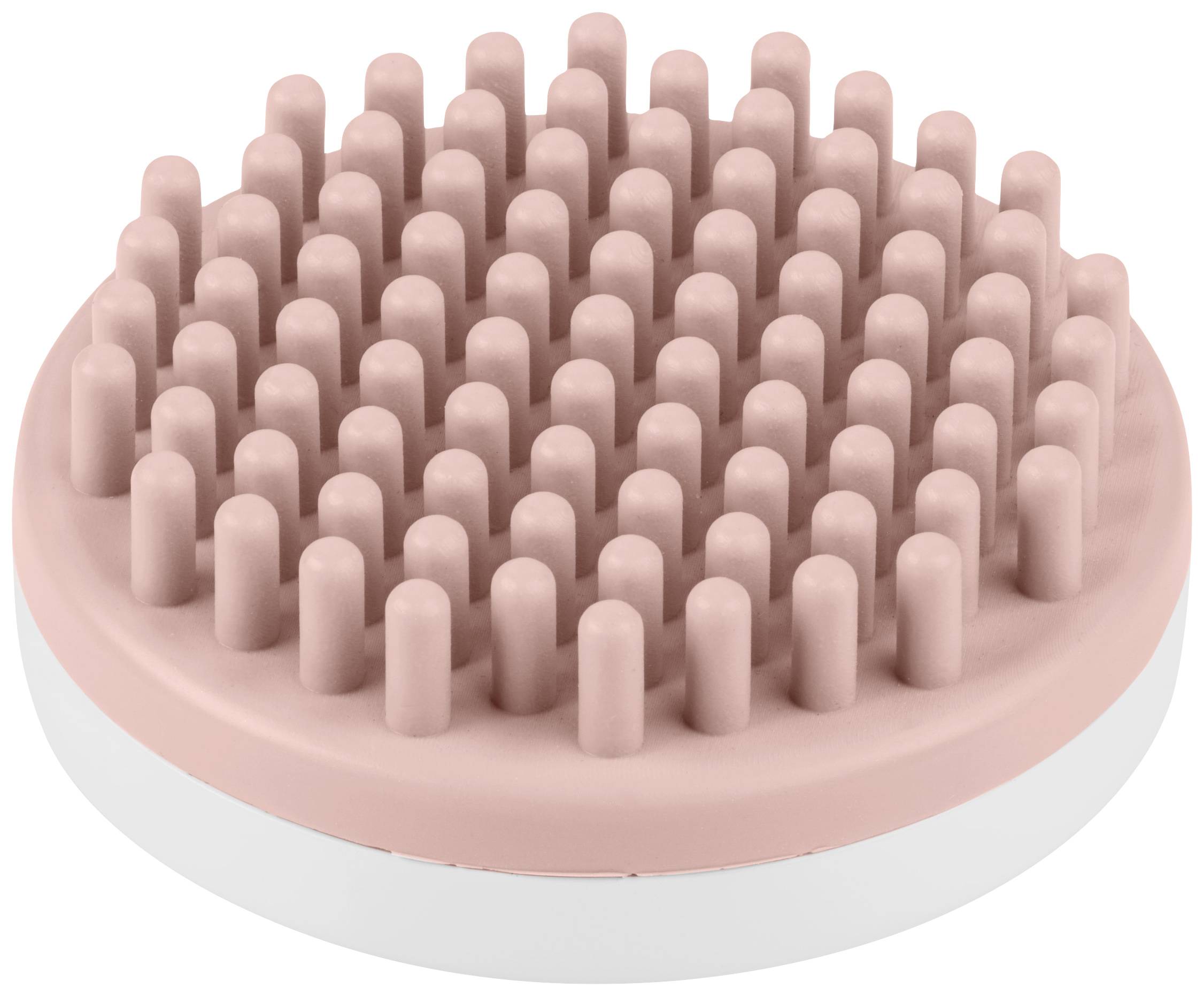 A pink scalp massager with white nodules, commonly used for relaxation or hair care.