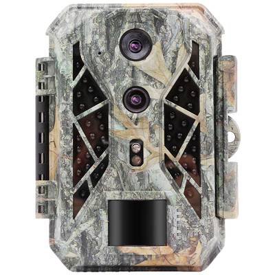 Wildlife camera in camouflage pattern with multiple lenses, for monitoring wildlife.
