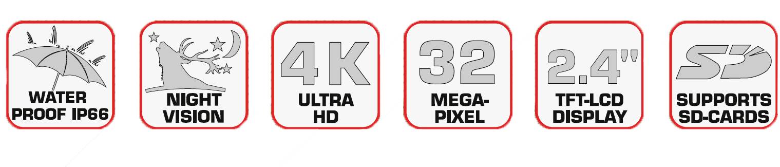 Six symbols with text: 'Waterproof IP66', 'Night Vision', '4K Ultra HD', '32 Megapixel', '2.4" TFT-LCD Display', 'Supports SD Cards'.