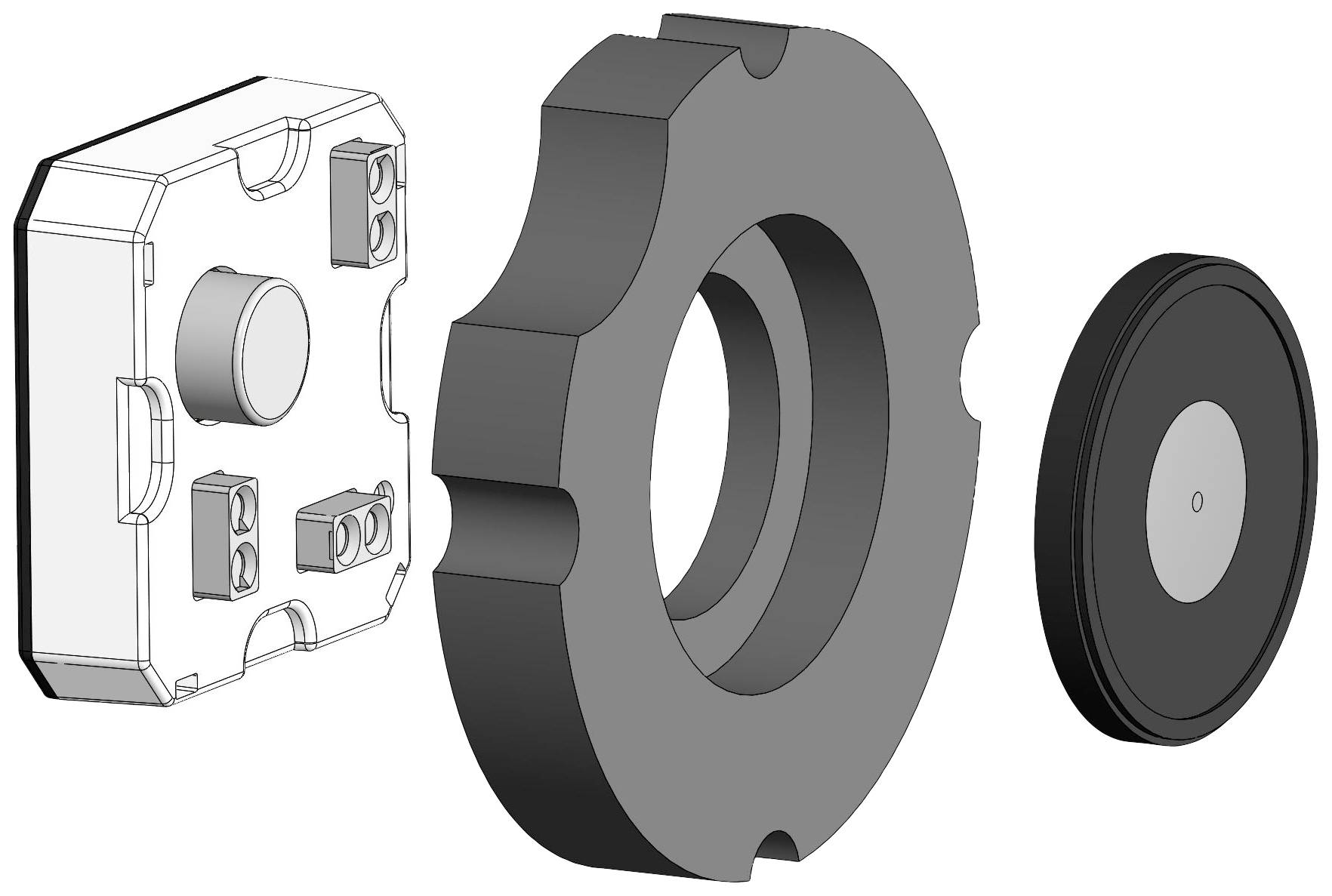 'TecTurn Centre' individual components of a mechanical assembly: housing, rotating disc and magnetic ring, which are assembled together.