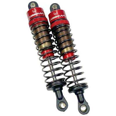 Two red shock absorbers with coil springs, lying on top of each other. They most likely belong to a remote-controlled model vehicle.