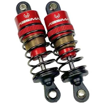 Two red shock absorbers with black spring and silver piston, stacked on top of each other, both featuring the 'Absima' lettering.