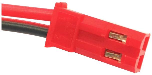Red JST plug with two connections and black and red cable, suitable for electrical connections in electronic devices.