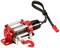 Red electric winch with integrated hook and black cable. It is commonly used in vehicles or machines for load lifting.