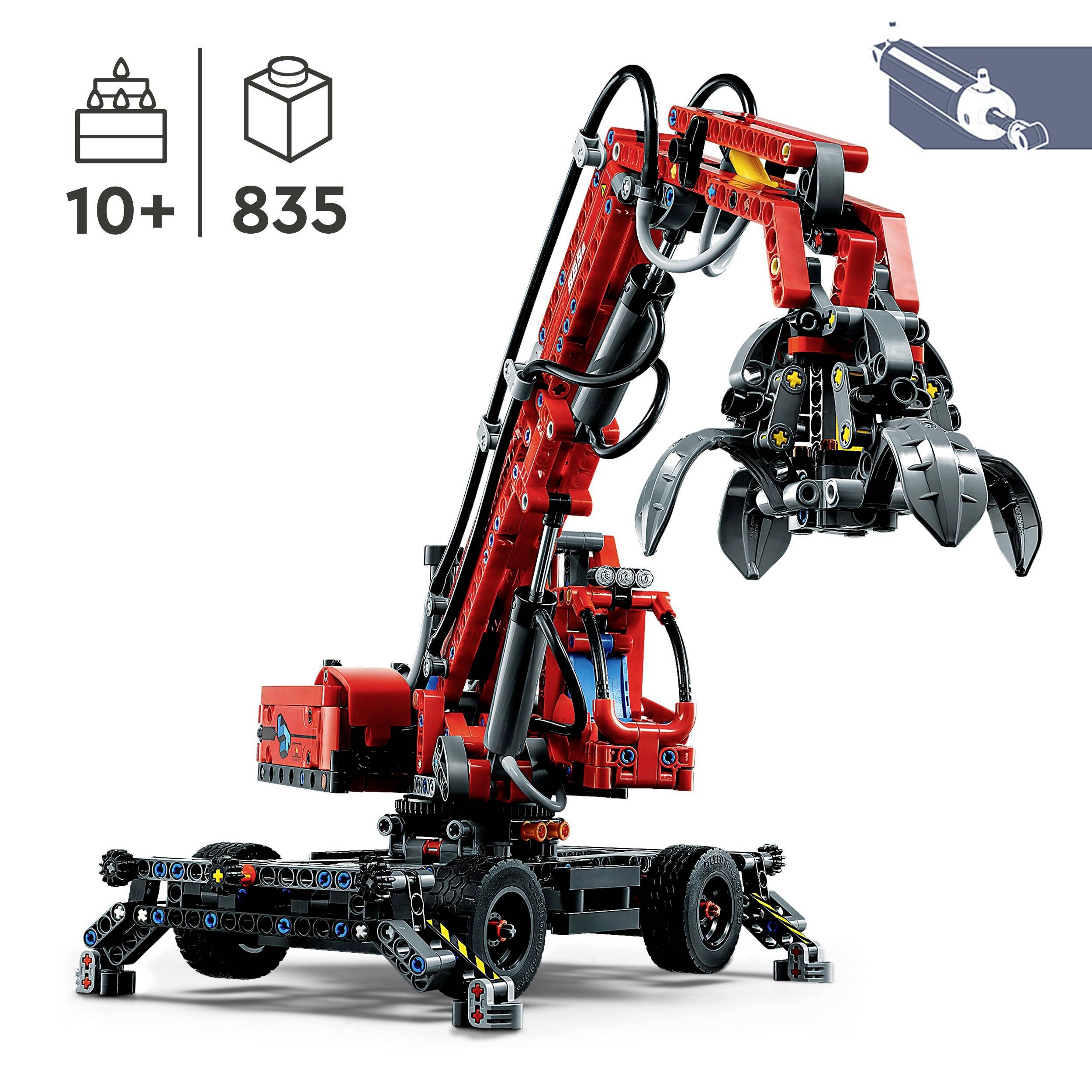 A red Lego Technic construction vehicle with a grabber arm, recommended for ages 10 and up, consisting of 835 pieces.