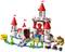 Lego building set of a colourful castle with towers and figures, including a mushroom-headed character and a blue tank. Playful scene.