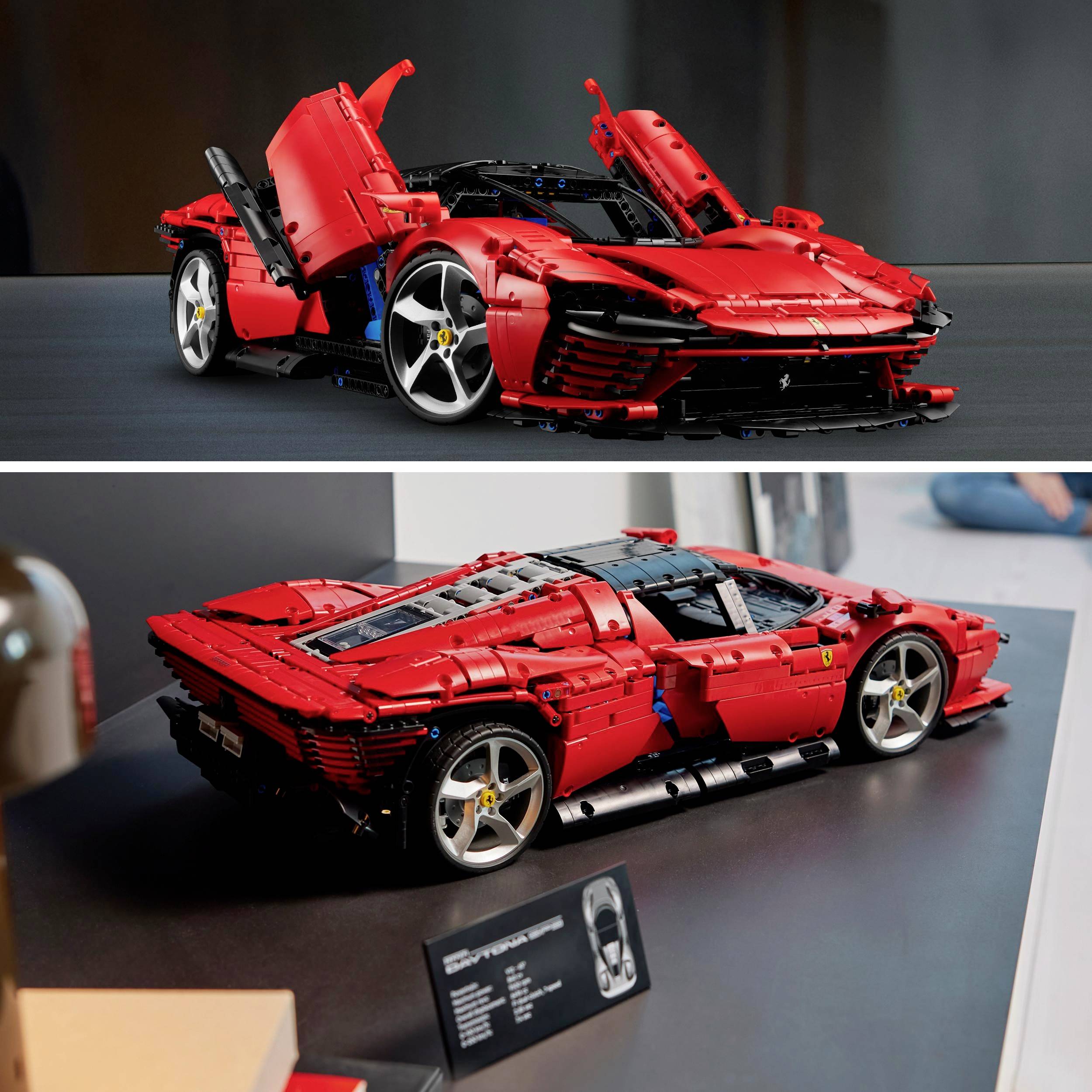 Two images of a model car made from building blocks: The top image shows it with open doors and bonnet, the bottom image is closed with an information panel.