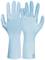 Blue disposable gloves; two pieces: left and right glove, palms facing upwards, fingertips pointing upwards.