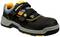 Black safety shoe with yellow and blue details, hook and loop fastening, and non-slip sole.