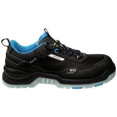 Black safety shoe with blue details, brand visible on the side, robust sole, suitable for workplace protection.