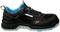 Black safety shoe with blue details, brand visible on the side, robust sole, suitable for workplace protection.