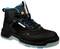 Black and blue safety shoe with non-slip sole and reinforced toe cap, suitable for construction and industrial work.