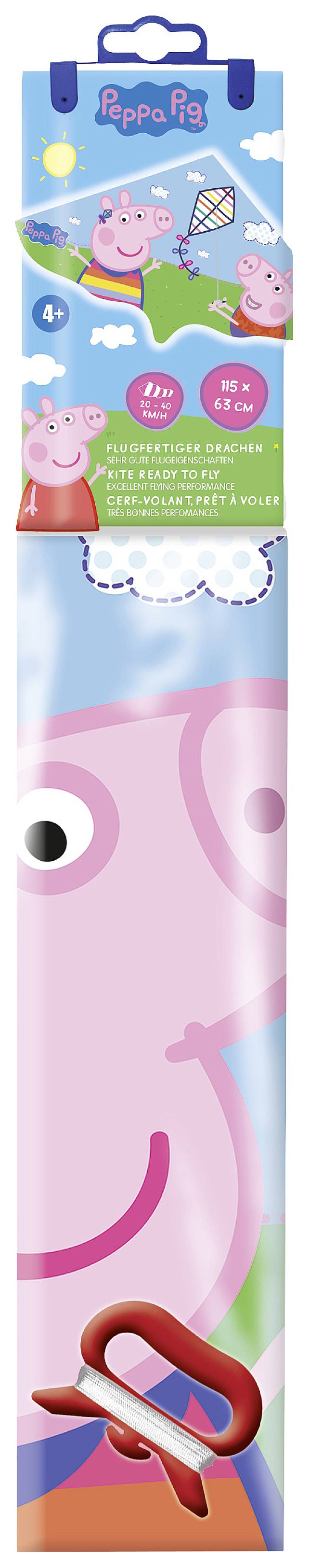 Packaging featuring Peppa Pig design. Contains a red kite, suitable for children aged 4 and above. Design includes colourful clouds and a Peppa Pig image.