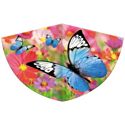 Blue-winged butterflies flutter over a flowering, pink-hued garden of blossoms.