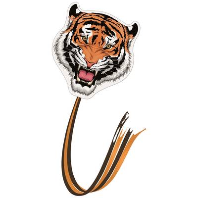 A dragon in the shape of a tiger's head with a snarling expression and long, curved stripes in orange and black forming its tail.