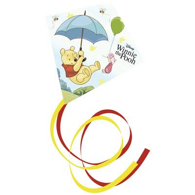 'Kites with Winnie the Pooh holding an umbrella. A little pig flying with a balloon in the sky. Background with trees and clouds.'