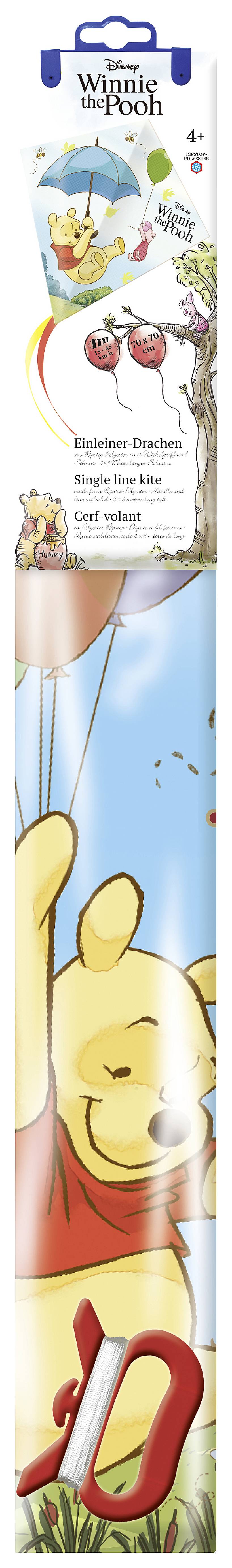 A colourful gift wrap featuring Winnie the Pooh, holding four red balloons and looking cheerful. At the top, it reads 'Winnie the Pooh'.