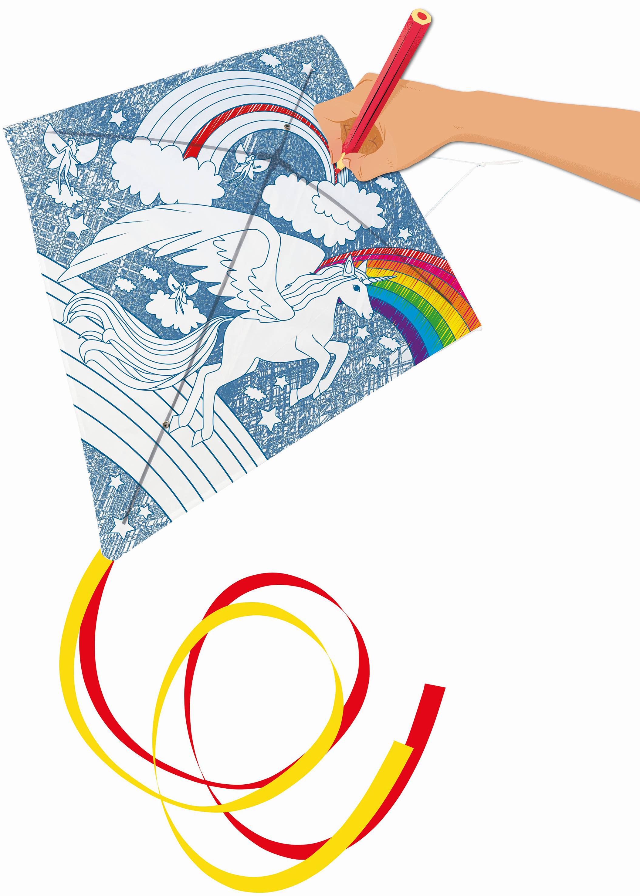 A dragon with a Pegasus motif and rainbow is being coloured in with a red pen by a hand, on a white background.