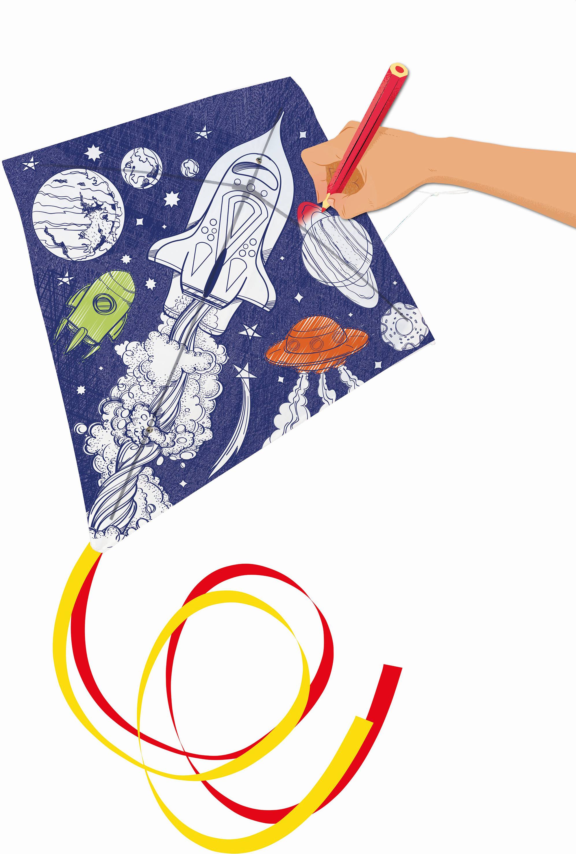 A hand draws rockets and planets on a blue background, with colourful ribbons flowing beneath. Theme: Space and creativity.