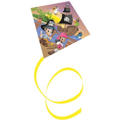 A dragon with a pirate theme depicts cartoon-style pirate children and a pirate ship against a sunset. A yellow ribbon is attached to it.