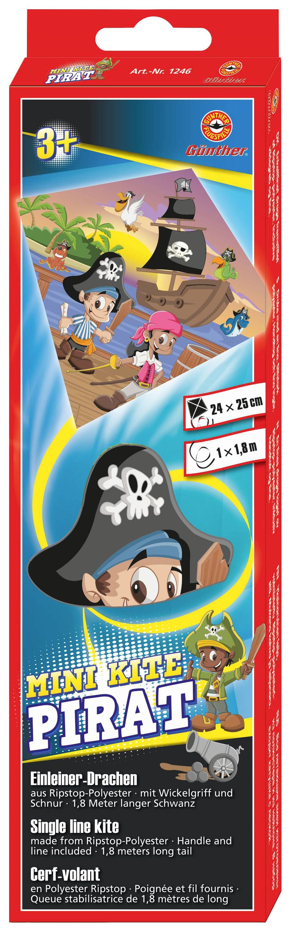Packaging for a 'Mini Kite Pirate' with a colourful dragon design, suitable for children aged 3 and above. Includes single-line kite and accessories.