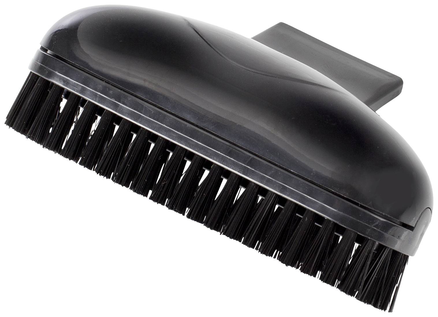 A black brush with densely packed bristles, suitable for cleaning textiles or carpets.